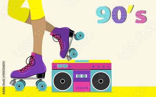 Vector illustration with female legs in retro roller skates with cassette recorder for pushing music with two speakers on beige background. vector illustration.