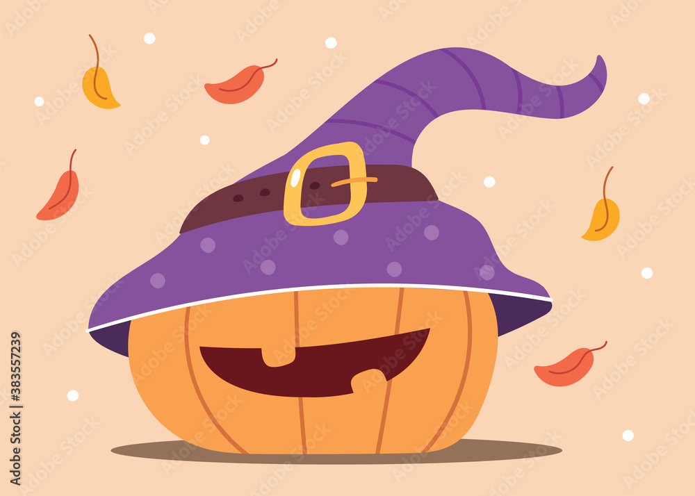 Obraz premium Funny toothless pumpkin in a witch's hat.Jack's head of a lantern carved from pumpkin for Halloween.