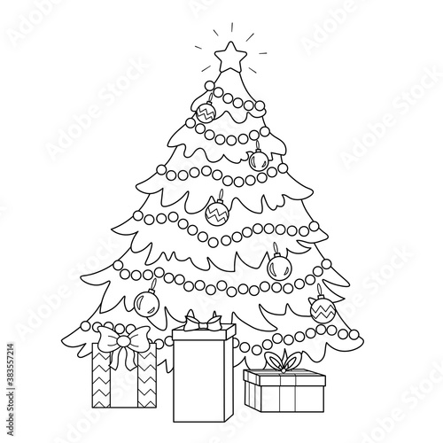Coloring page of a decorated Christmas tree with gifts. Vector black and white illustration on white background. photo