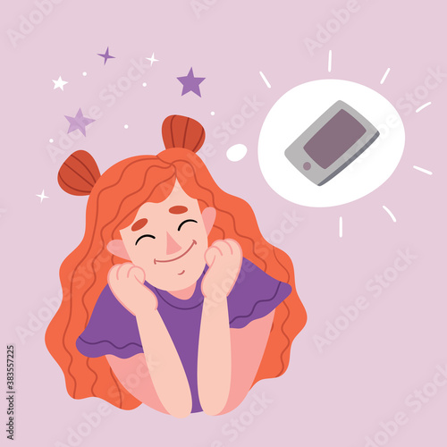 Redhead girl dreams of a smartphone.Smartphone as a gift.