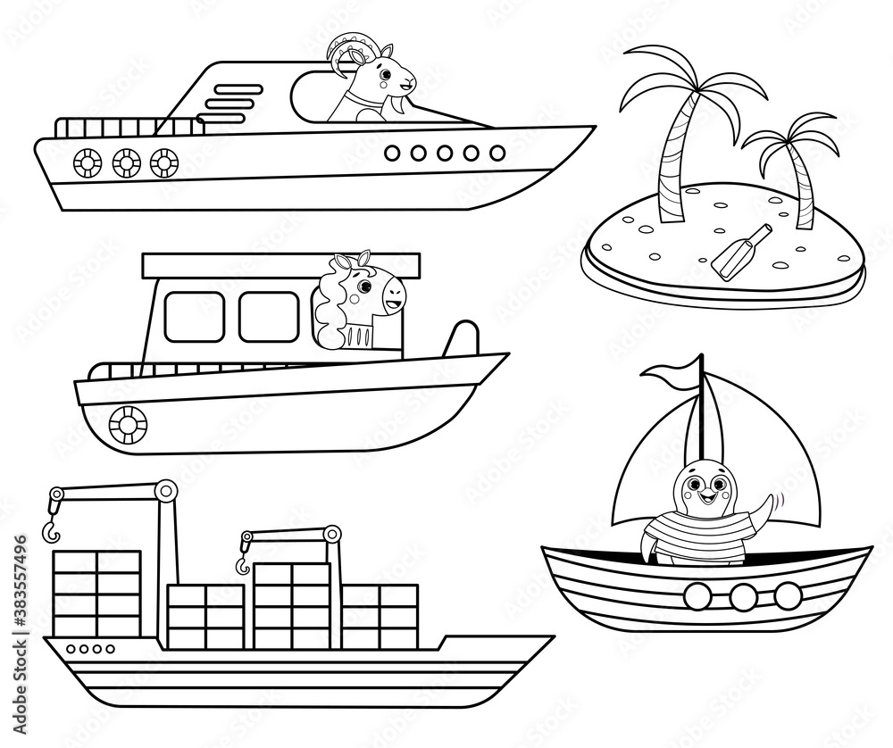 Funny coloring kids water transport set with little animals. Boat, yacht, sailboat, motorboat, container ship and desert island cartoon black and white vector illustration isolated on white background