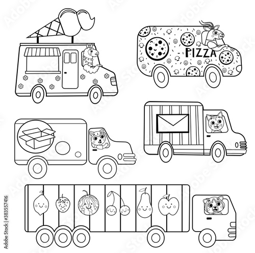 Funny coloring kids transport set with animals. Delivery trucks cartoon black and white vector illustration isolated on white background