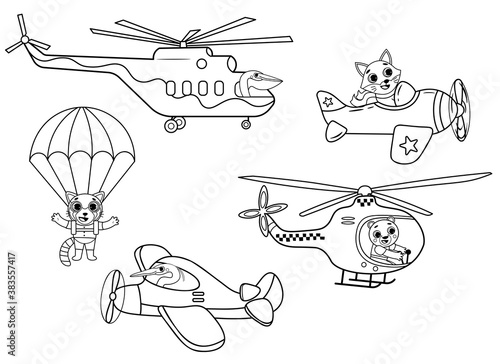 Funny coloring kids air transport set with little animals. Helicopters, biplane, parachutist cartoon  black and white vector illustration isolated on white background