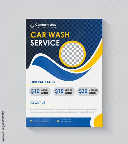 Car Wash Flyer Design in Template. Yellow and Blue Color Leaflet, Poster.