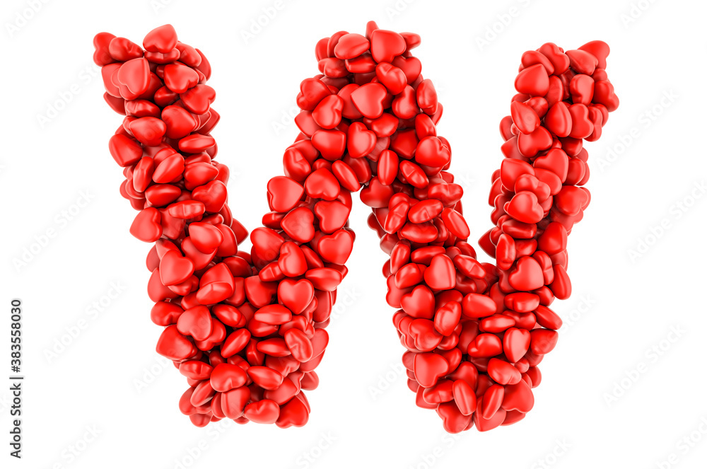 Letter W from red hearts, 3D rendering