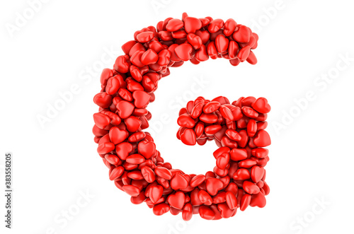 Letter G from red hearts, 3D rendering