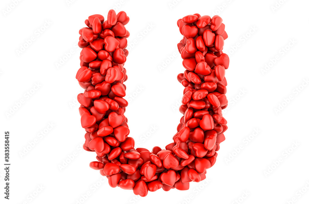 Letter U from red hearts, 3D rendering