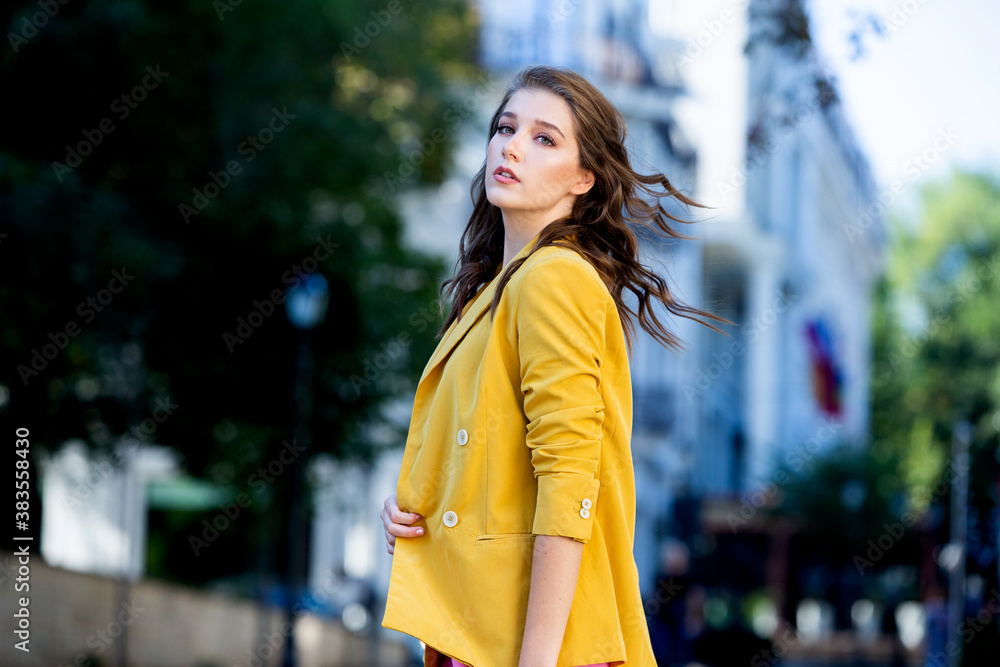 Beauty portrait of female face with natural skin. Beauty portrait of female face. Gorgeous young model woman posing in the city. Wonderful white female. Stylish. Hipster. Russian.