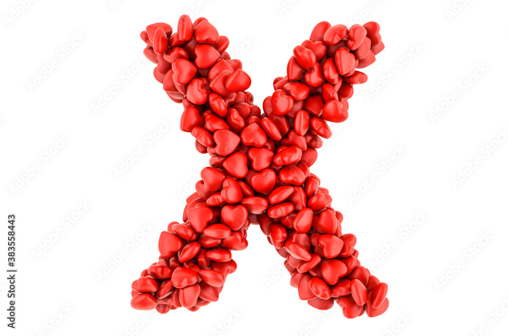 Letter X from red hearts, 3D rendering