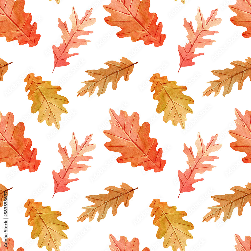 Fototapeta premium Seamless watercolor pattern with oak fall leaves for fabric, decor, template design
