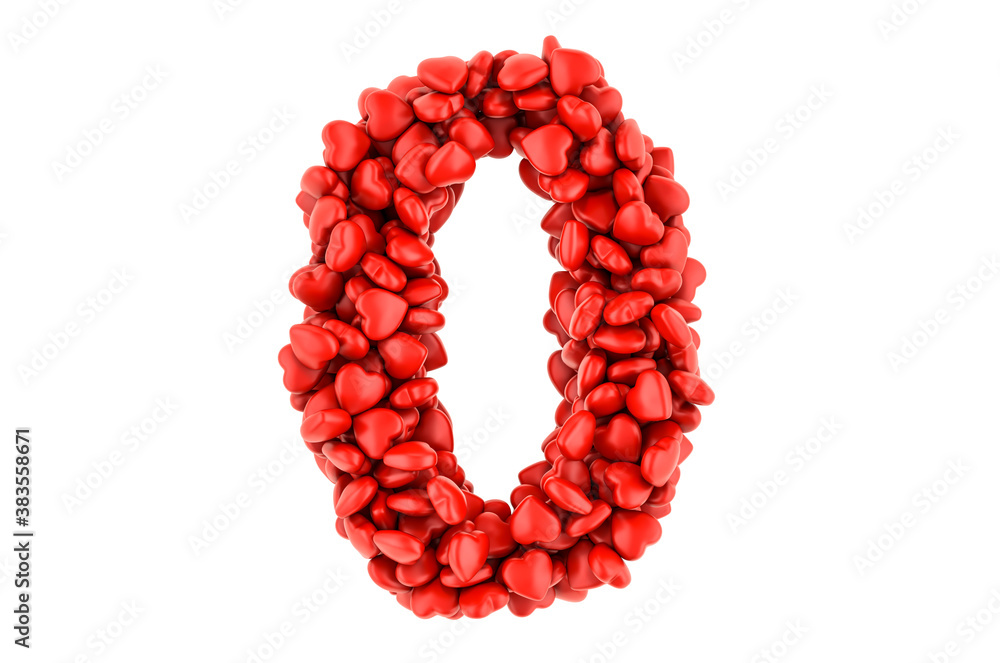 Number 0 from red hearts, 3D rendering Number 0 from red hearts, 3D rendering