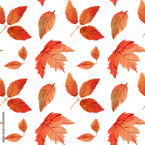 Seamless watercolor pattern with red  yellow  orange fall leaves for fabric  decor  template