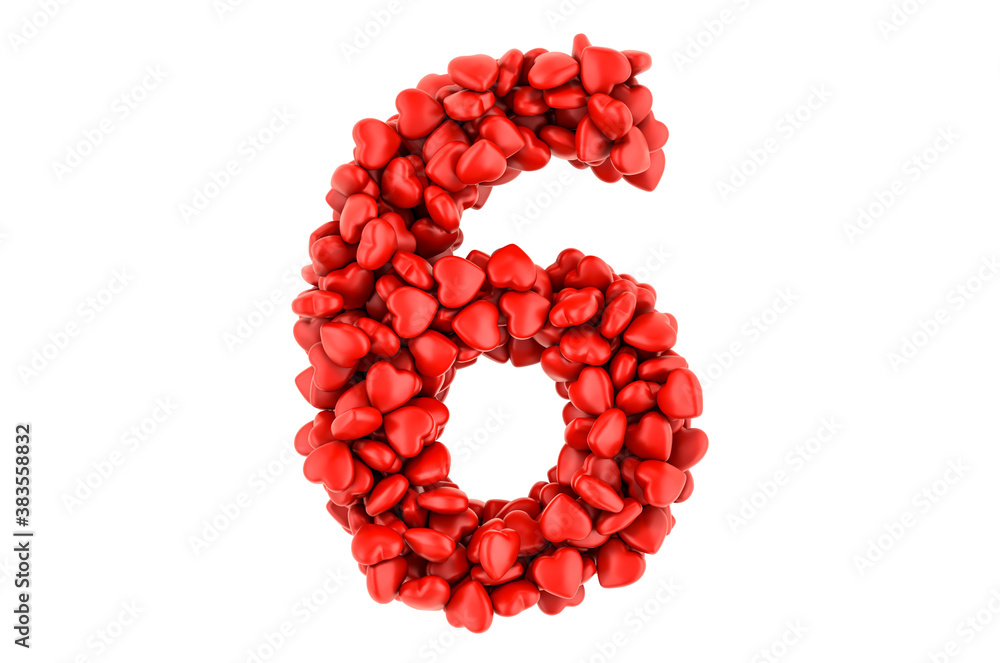 Number 6 from red hearts, 3D rendering Number 6 from red hearts, 3D rendering