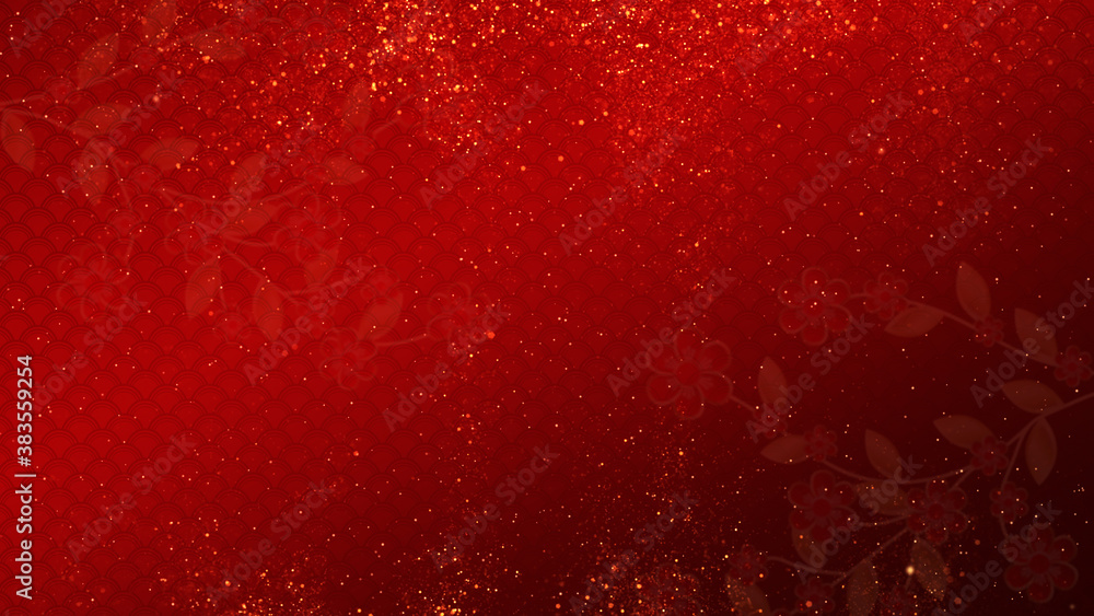 Abstract Chinese New Year also known as the Spring Festival and japanese style with particles, bokeh, blossom flower on red background	