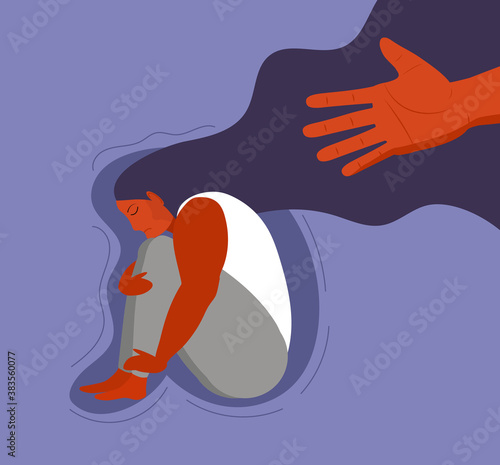 Stressed, frustrated girl concept vector. Scene of accusation in life, depression in work. Human hand helps lonely woman. Upset girl sits and hugs her knees.