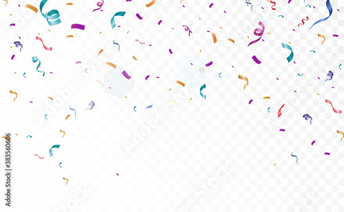 Lots of colorful tiny confetti and ribbons on transparent background. Festive event and party. Multicolor background.Colorful bright confetti isolated on transparent background