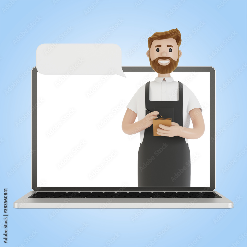 Waiter at the laptop screen. Online delivery concept from restaurant. 3D illustration in cartoon style. Waiter at the laptop screen. Online delivery concept from restaurant. 3D illustration in cartoon style.