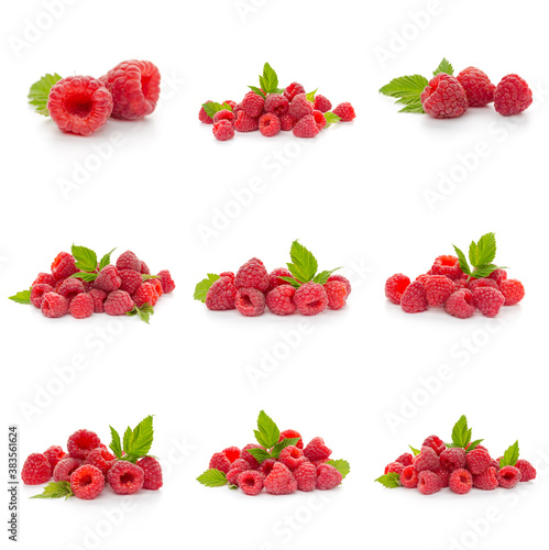 Raspberries collection with leaf isolated on white background