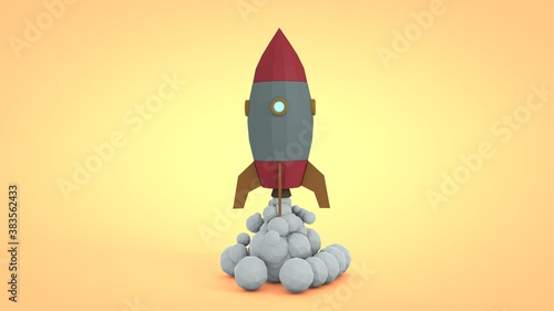 3D rendering of a space rocket that starts its flight. Illustration in a low-poly style. The idea of developing the space industry. The future of interplanetary flights to Mars and Venus.