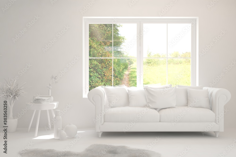 Fototapeta premium White living room with sofa and summer landscape in window. Scandinavian interior design. 3D illustration