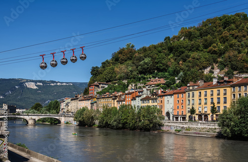 Gondolas of Grenoble View from Isere River