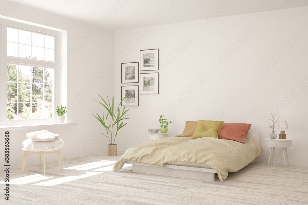 White bedroom interior. Scandinavian design. 3D illustration White bedroom interior. Scandinavian design. 3D illustration