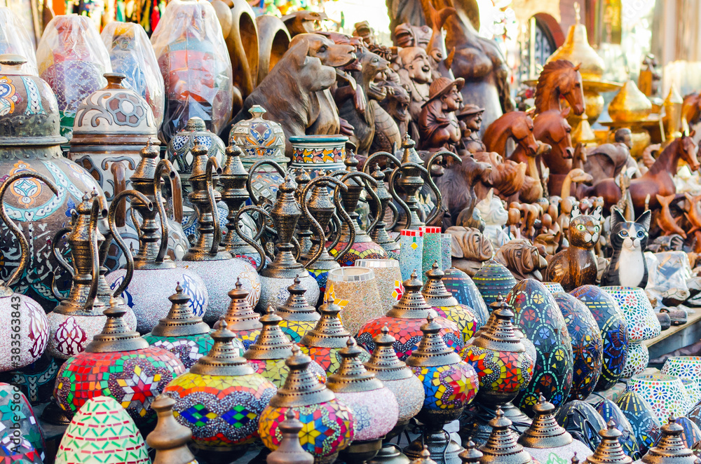 Fototapeta Traditional Egyptian souvenirs at the street market