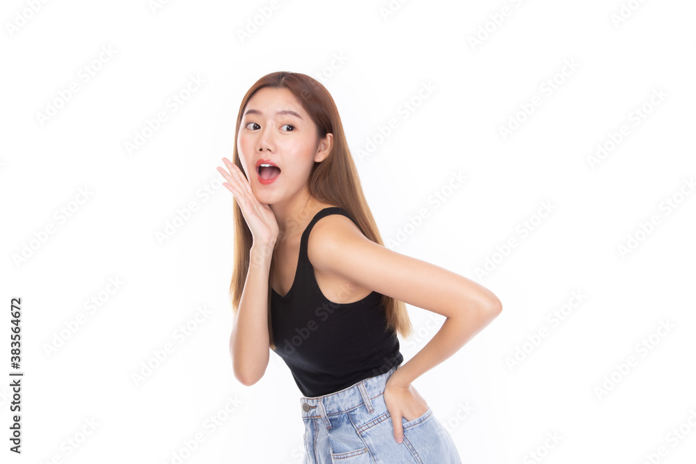 Fashion of a beautiful young asian woman in a pretty black vest and blue jeans feeling smile and happy. isolated on white background. Summer fashion beauty and style. Fashion of a beautiful young asian woman in a pretty black vest and blue jeans feeling smile and happy. isolated on white background. Summer fashion beauty and style.