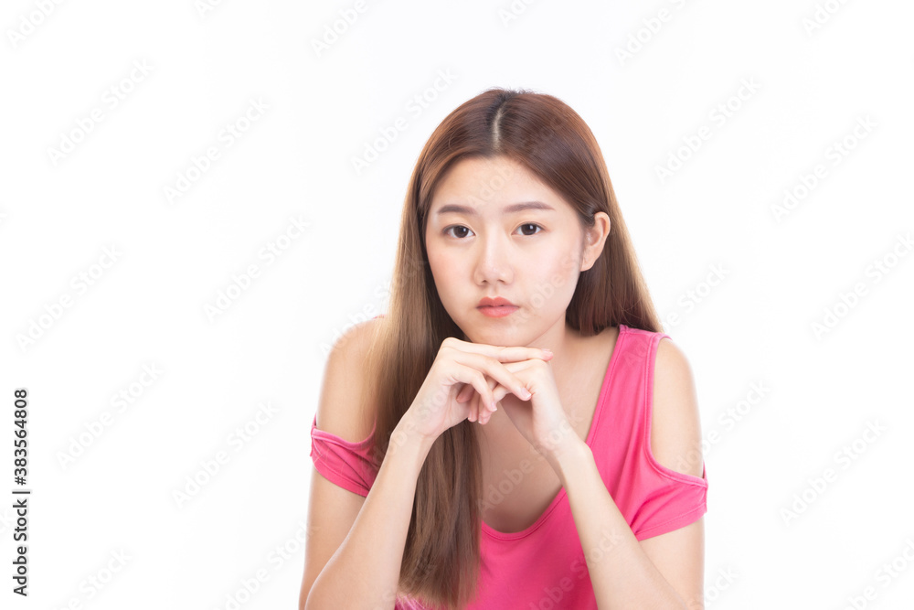 Fashion of a beautiful young asian woman in a pretty red vest isolated on white background. fashion beauty and style. Fashion of a beautiful young asian woman in a pretty red vest isolated on white background. fashion beauty and style.