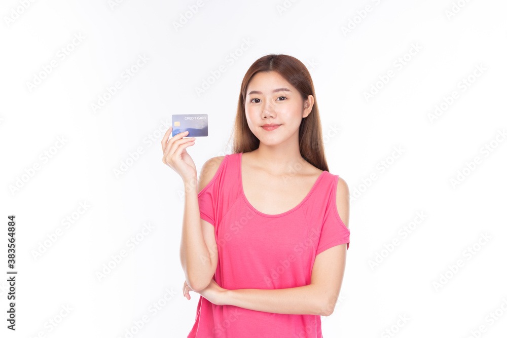 Attractive beautiful asian young woman showing credit card for shopping online, payment on white background. Attractive beautiful asian young woman showing credit card for shopping online, payment on white background.
