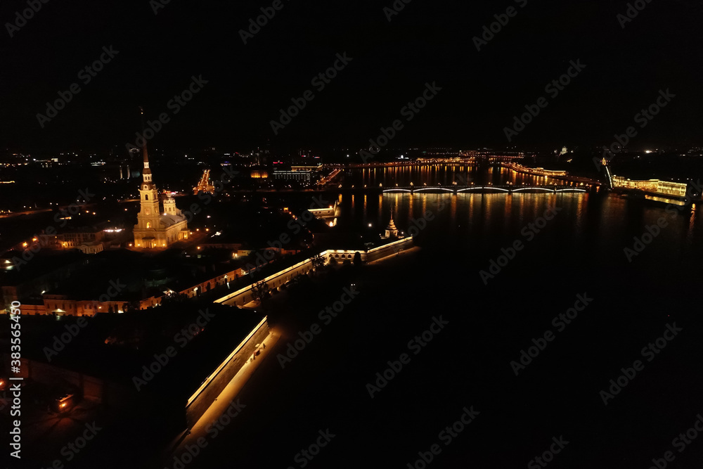 Fototapeta premium Aerial Townscape of Saint Petersburg City at Night. Peter Pavels Fortress