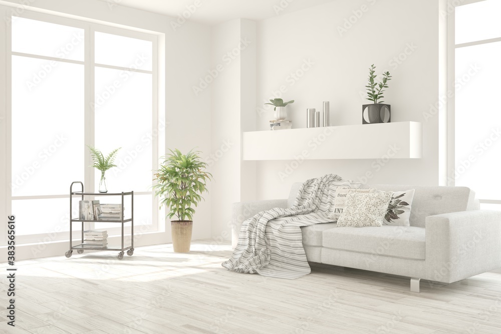 White living room with sofa. Scandinavian interior design. 3D illustration White living room with sofa. Scandinavian interior design. 3D illustration