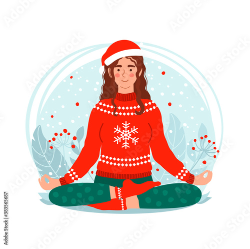 Young woman meditating and sitting in lotus on the winter natural background. Girl wearing a scandinavian sweater and a Santa hat.  Vector illustration in flat style