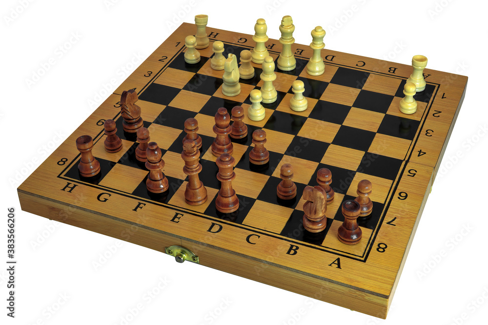 Chess pieces on a chessboard isolate on a white background close-up. Chess pieces on a chessboard isolate on a white background close-up.