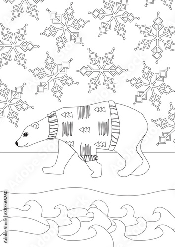 Coloring page with cute polar bear in sweater, outline colorless vector stock illustration with christmas bear in winter