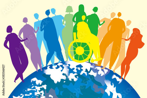 Silhouettes of people, men, women, disabled people in a wheelchair as an end to the inclusiveness of the lgbtq community, vector stock illustration with homosexuals and planet earth