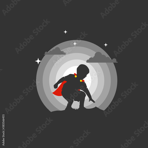 Super Kid with red robe in the Night. Silhouette