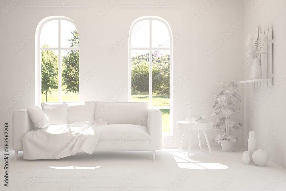 Fototapeta premium White living room with sofa and summer landscape in window. Scandinavian interior design. 3D illustration