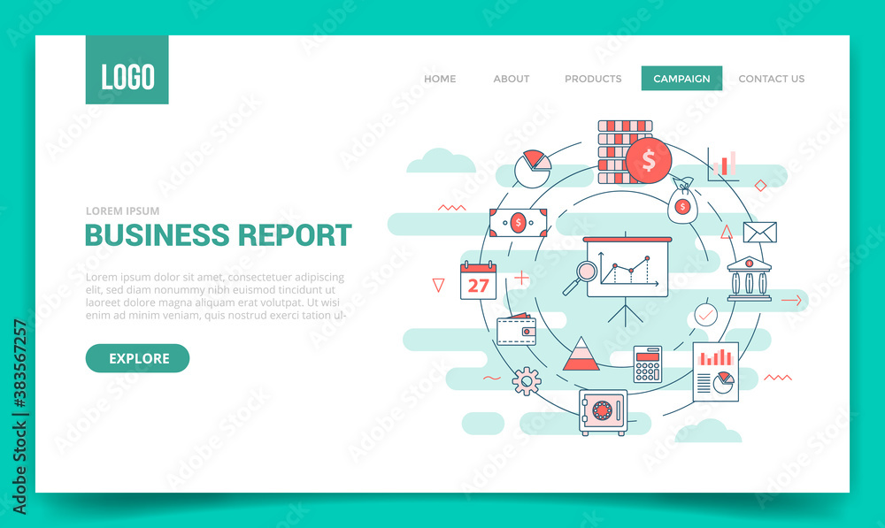 business report concept with circle icon for website template or landing page banner homepage