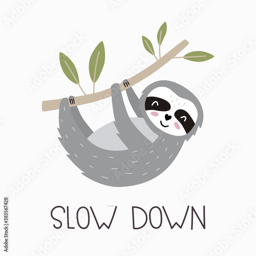Cute sloth hanging on a tree branch and lettering- Slow down. Cartoon animal character. Vector illustration. Print for posters, textiles, t-shirts, sweatshirts.