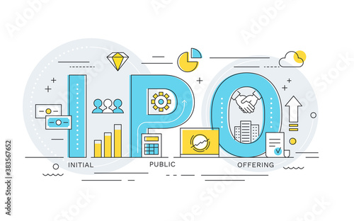 IPO or Initial Public Offering Word Illustration. Flat Vector Design