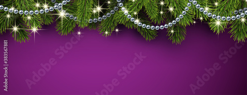 Green spruce branches with silver beaded garland and shiny stars.