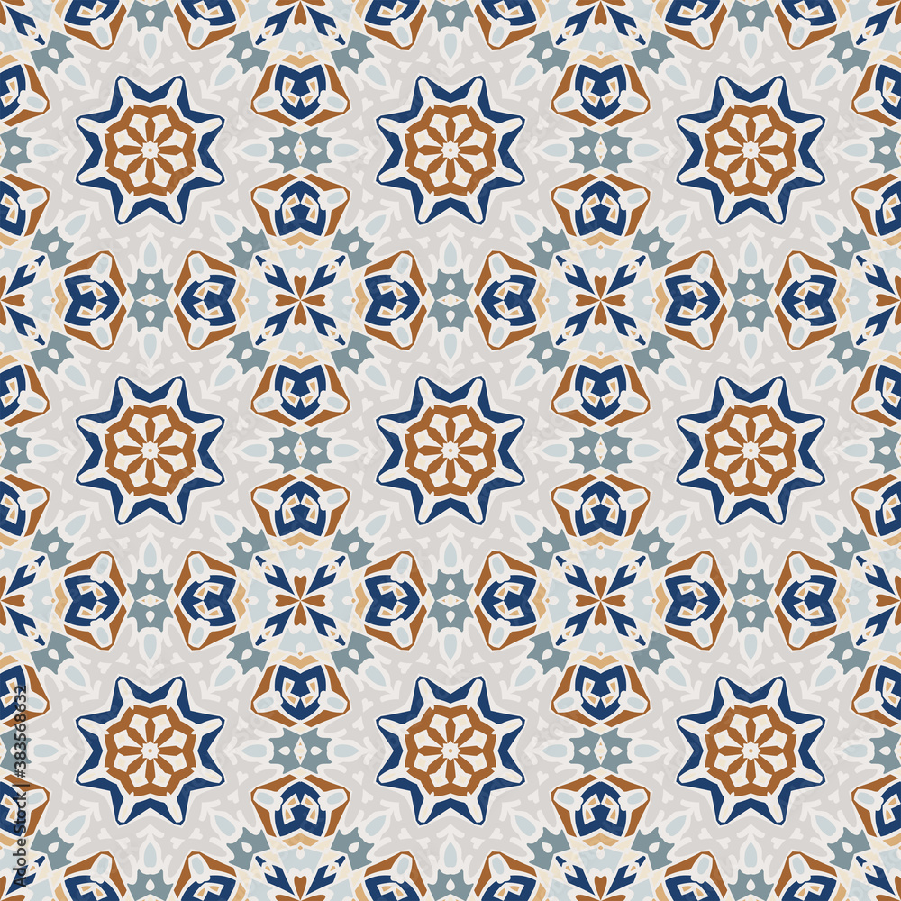 Creative color abstract geometric mandala pattern in gray blue orange, vector seamless, can be used for printing onto fabric, interior, design, textile., carpet. Home decor.