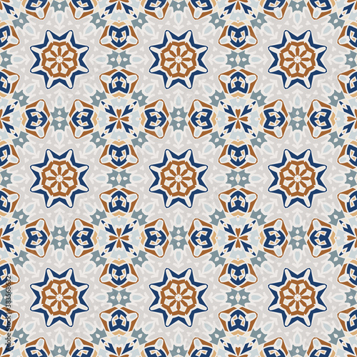 Creative color abstract geometric mandala pattern in gray blue orange, vector seamless, can be used for printing onto fabric, interior, design, textile., carpet. Home decor.