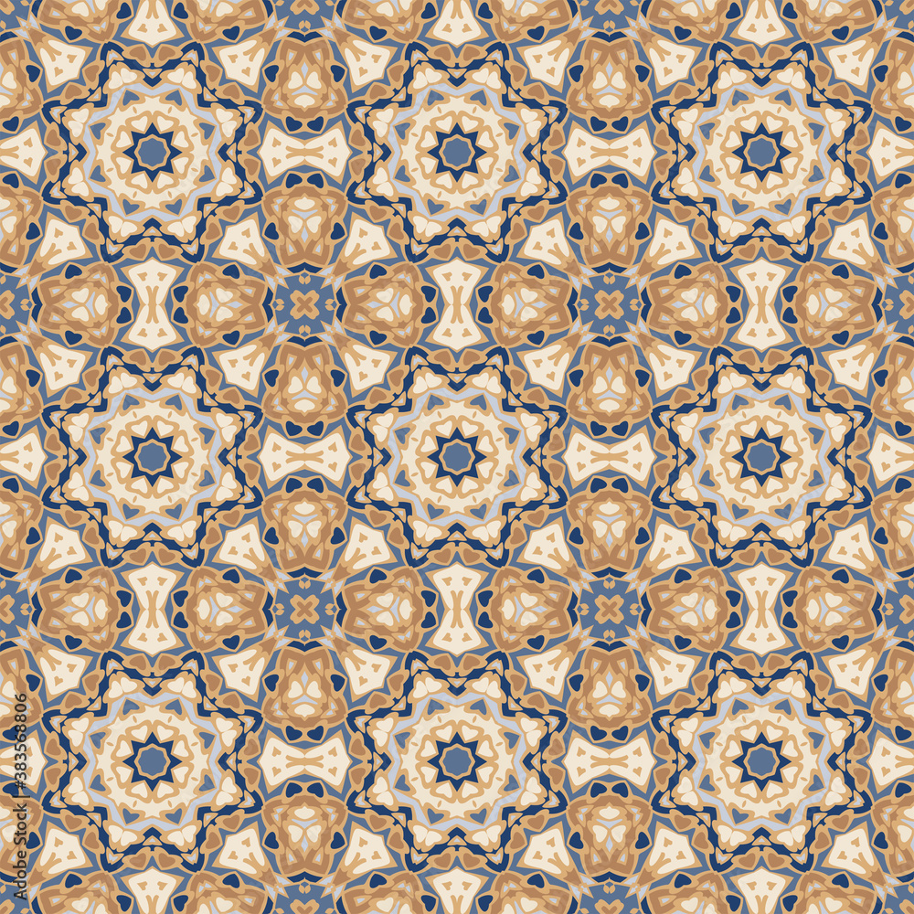 Creative color abstract geometric mandala pattern in gold blue, vector seamless, can be used for printing onto fabric, interior, design, textile., carpet. Home decor.