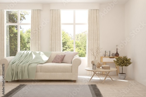 White living room with sofa and summer landscape in window. Scandinavian interior design. 3D illustration