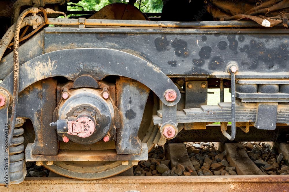 Close-up of the wheel part of a locomotive
