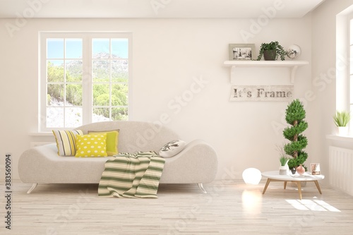 Fototapeta Naklejka Na Ścianę i Meble -  White living room with sofa and summer landscape in window. Scandinavian interior design. 3D illustration