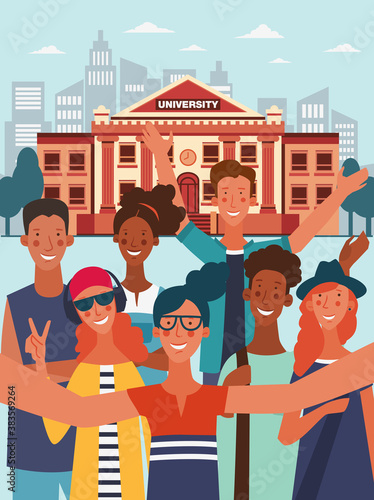 Group of young people taking a selfie and laughing. Friendship, Communication, Teamwork and connection vector concept. Back to school vector illustration