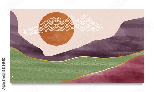 set of Mid century modern minimalist. Abstract nature, sea, sky, sun, rock mountain landscape poster. Geometric landscape background in japanese style. Vector illustration